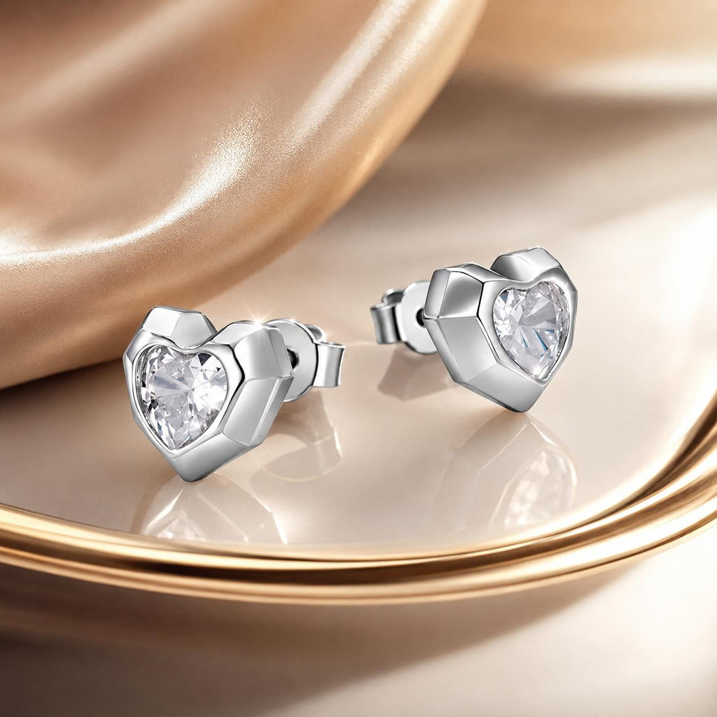 925 Sterling Silver Earrings with Pavé Setting CZ in White Gold, 0.8 x 0.9 cm