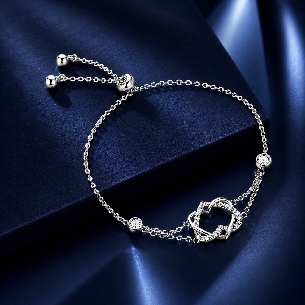 925 Sterling Silver Heart Shaped Bracelet 22CM for Women