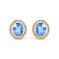 18K Yellow Gold 8X10 MM Blue Fluorite Oval and 1/2 Cttw Diamond Halo Stud Earrings
