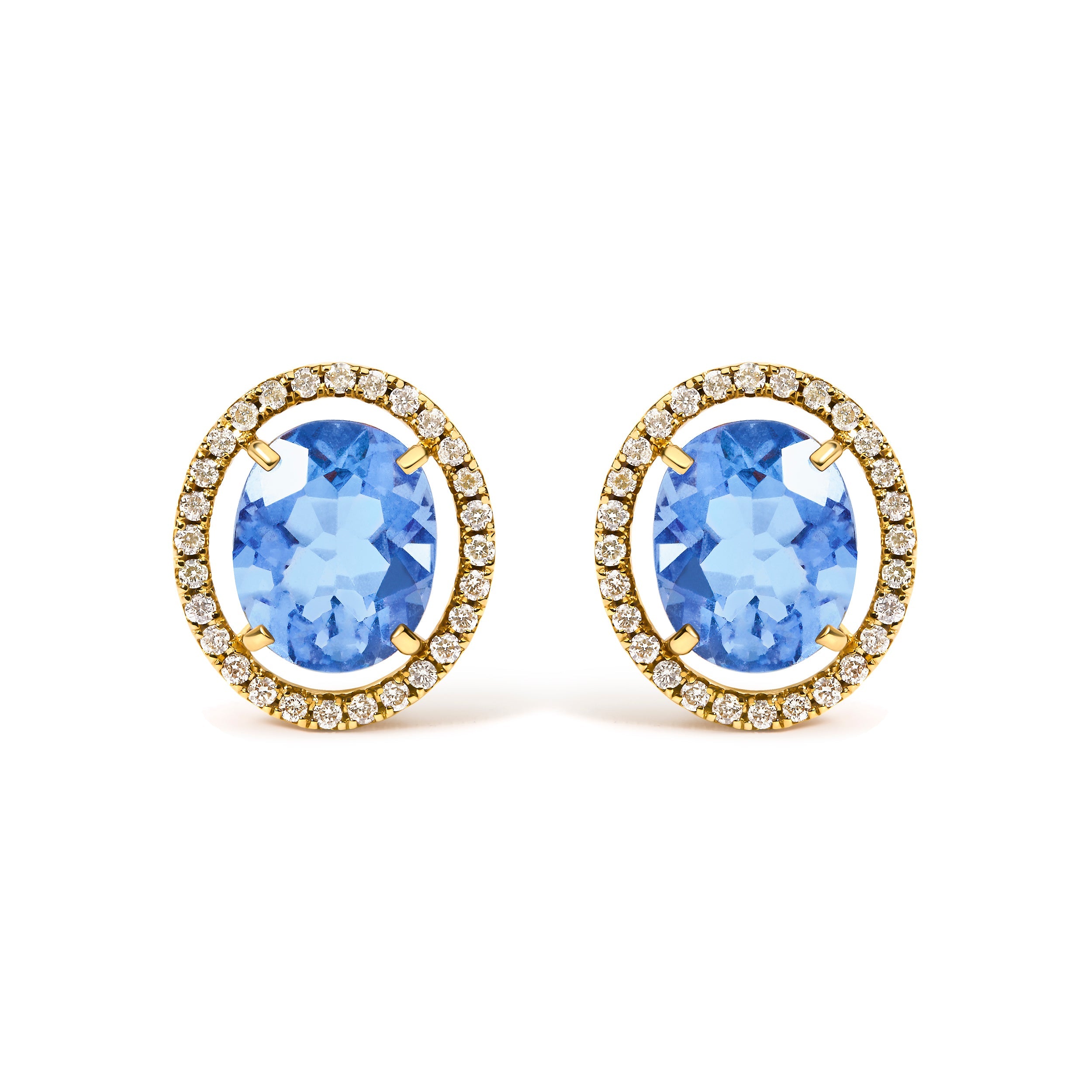 18K Yellow Gold 8X10 MM Blue Fluorite Oval and 1/2 Cttw Diamond Halo Stud Earrings