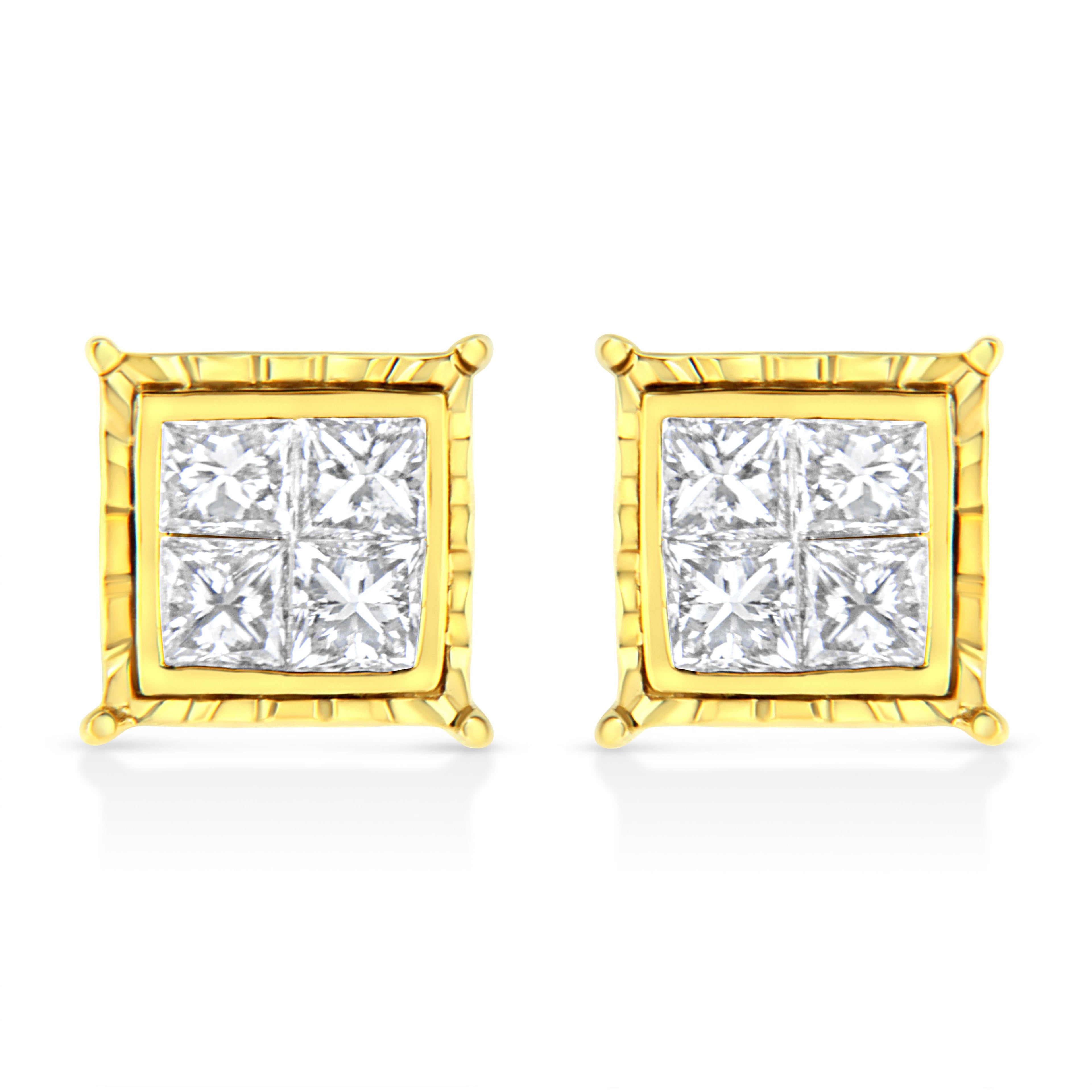14K Yellow Gold 1.0 Cttw Invisible Set Princess-Cut Diamond Composite 8 Stone Stud Earrings (I-J Color, SI1-SI2 Clarity)