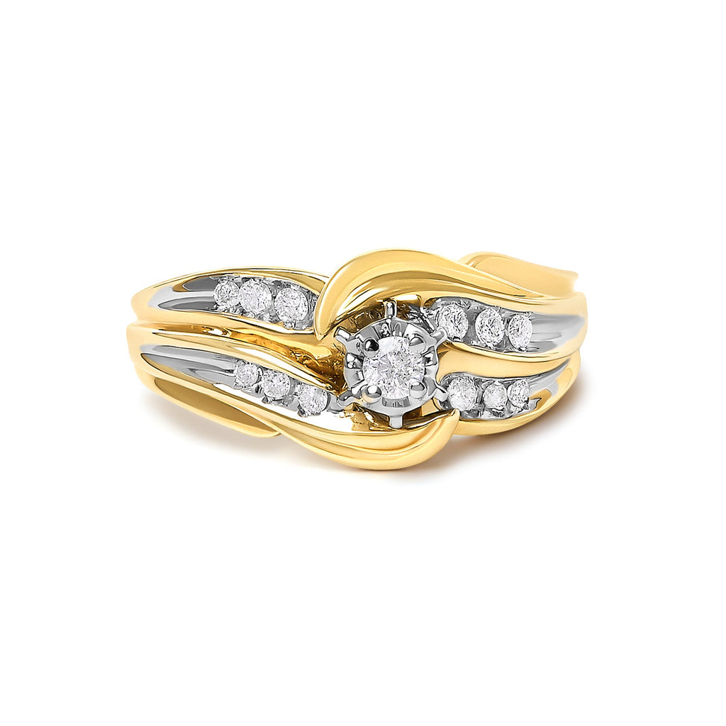 14K Yellow Gold 1/4 Cttw Round Diamond Wave Motif Bypass Ring