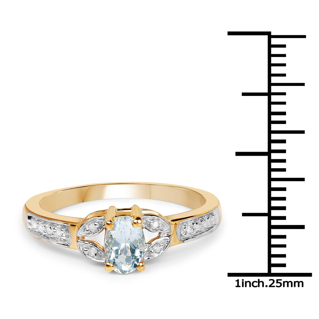 14K Yellow Gold Plated 0.42 Carat Genuine Aquamarine and White Diamond .925 Sterling Silver Ring