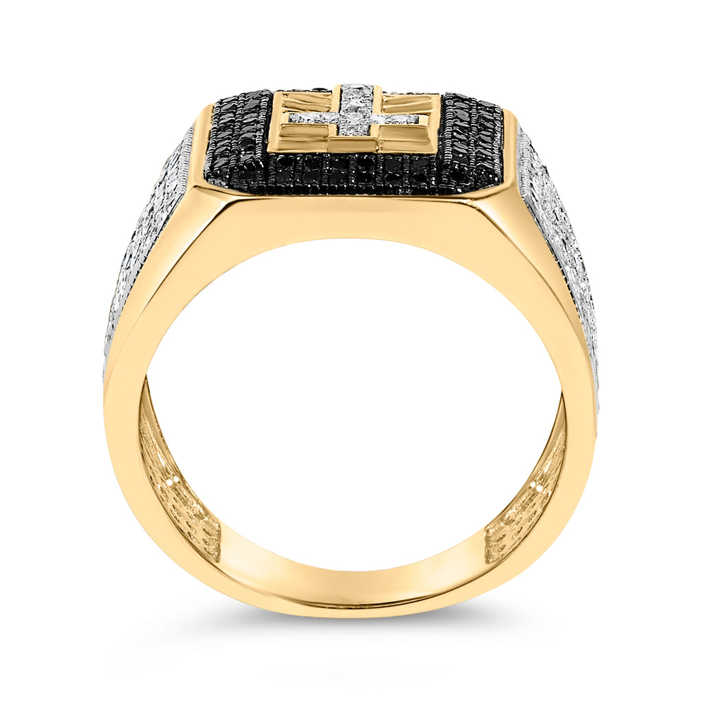 Men's 10K Yellow Gold 1 1/2 Cttw White and Black Diamond Cross Signet Ring