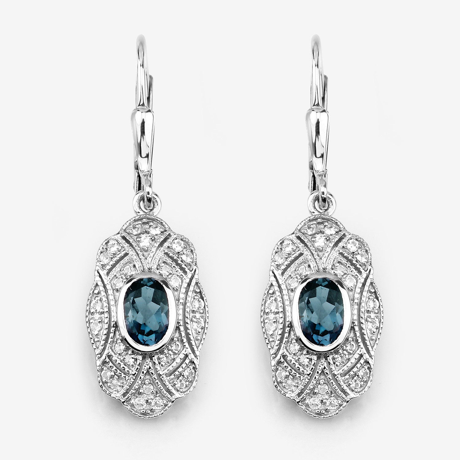 1.32 Carat Genuine London Blue Topaz and White Topaz .925 Sterling Silver Earrings
