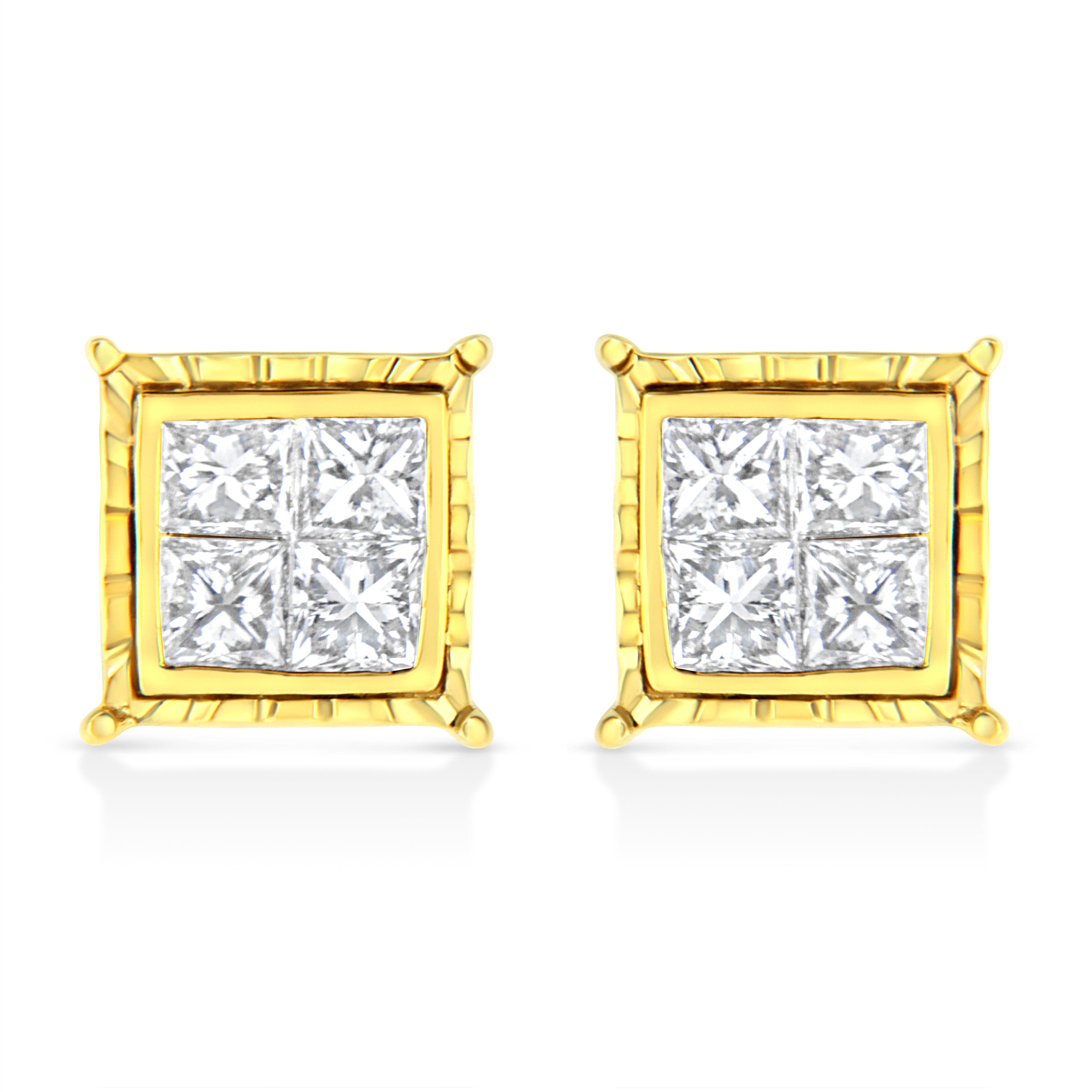 14K Yellow Gold 1.0 Cttw Invisible Set Princess-Cut Diamond Composite 8 Stone Stud Earrings (I-J Color, SI1-SI2 Clarity)