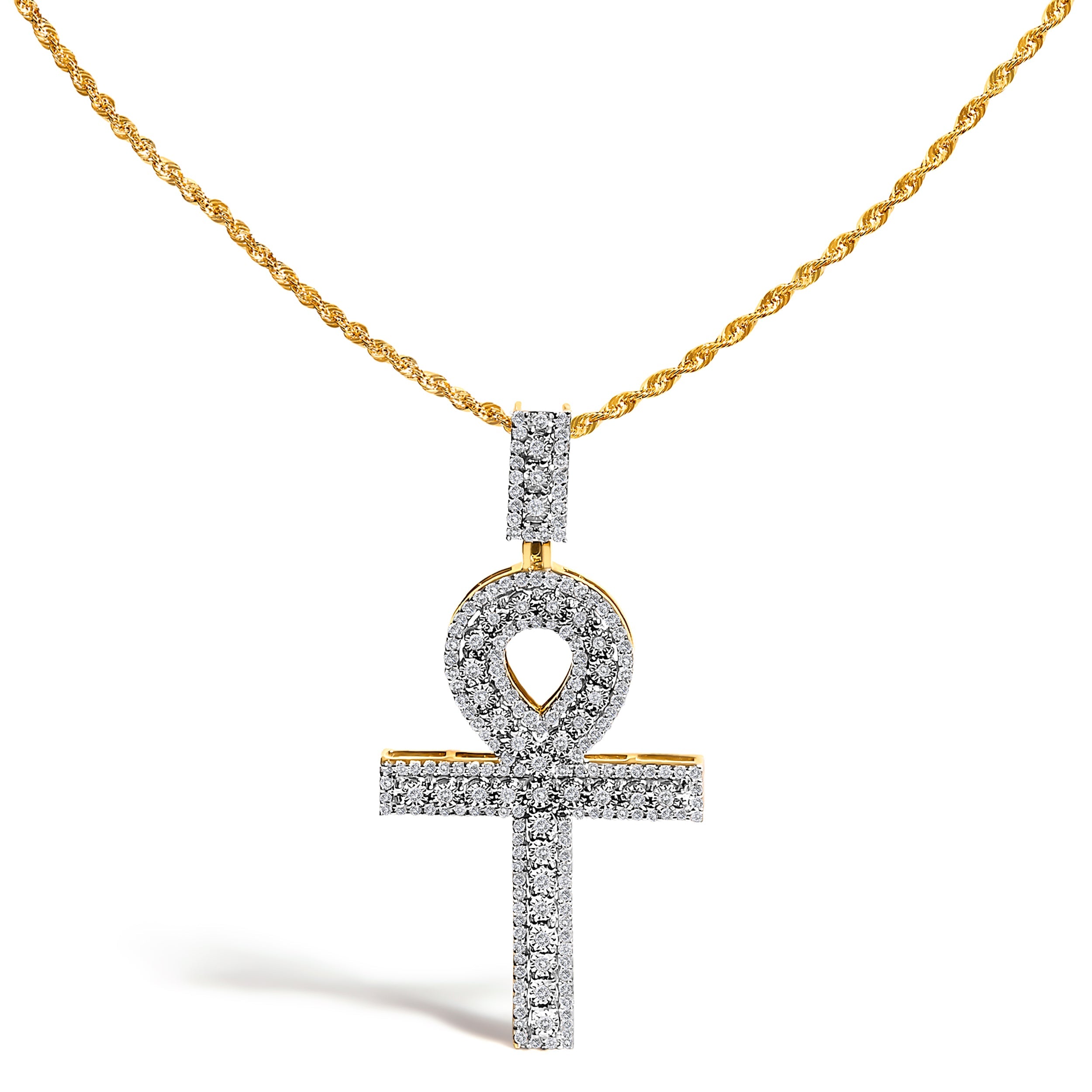 Men's 10K Yellow Gold 1.00 Cttw Diamond Ankh Cross Pendant Necklace