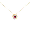 14K Yellow Gold Plated Silver Created Red Ruby and Diamond Baguette Medallion Pendant Necklace