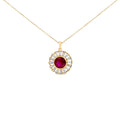 14K Yellow Gold Plated Silver Created Red Ruby and Baguette Diamond Sunburst Medallion Pendant Necklace
