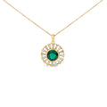 14K Yellow Gold Plated Sterling Silver Lab Grown Emerald and Baguette Diamond Sunburst Medallion Pendant Necklace