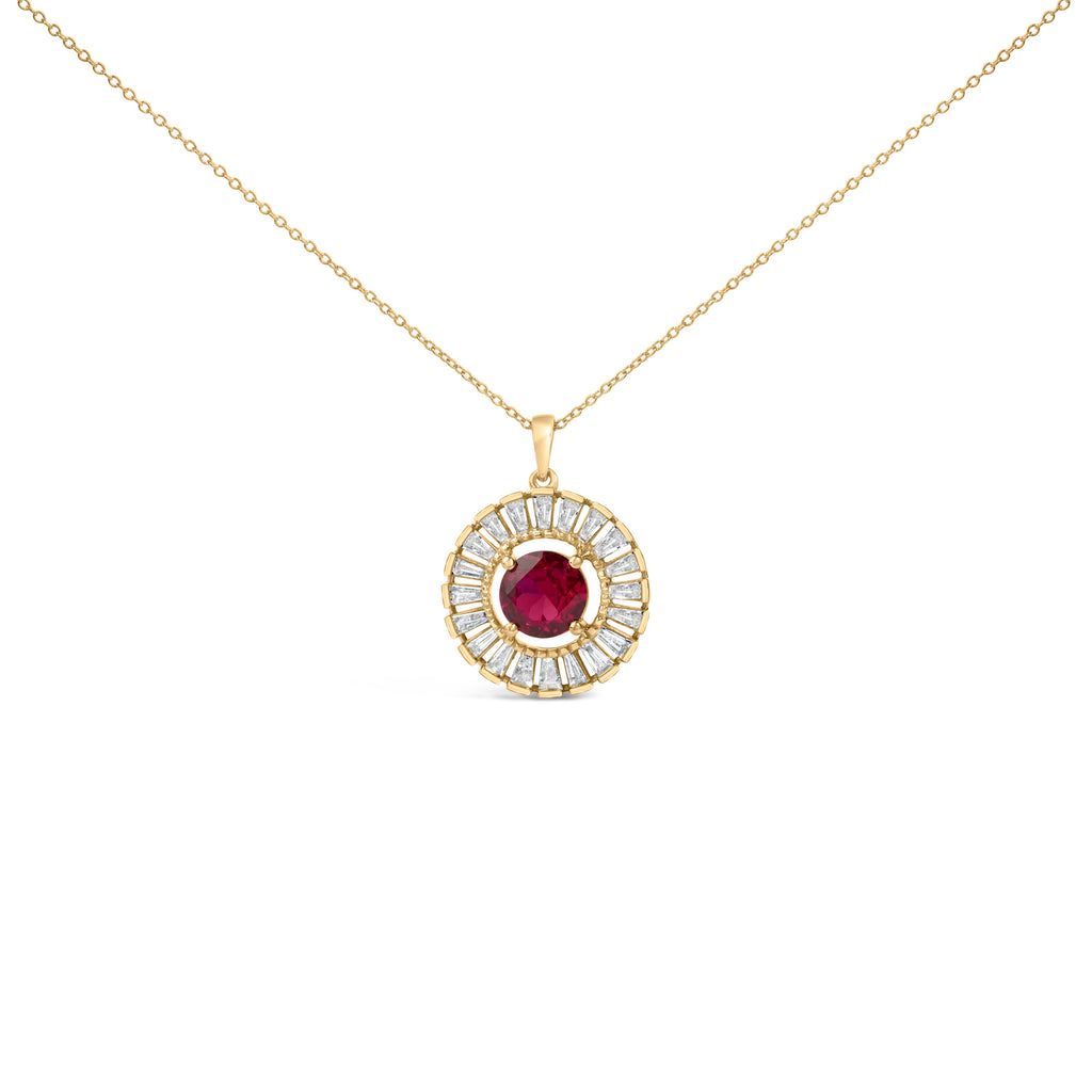 14K Yellow Gold Plated Sterling Silver Created Red Ruby and Diamond Medallion Pendant Necklace