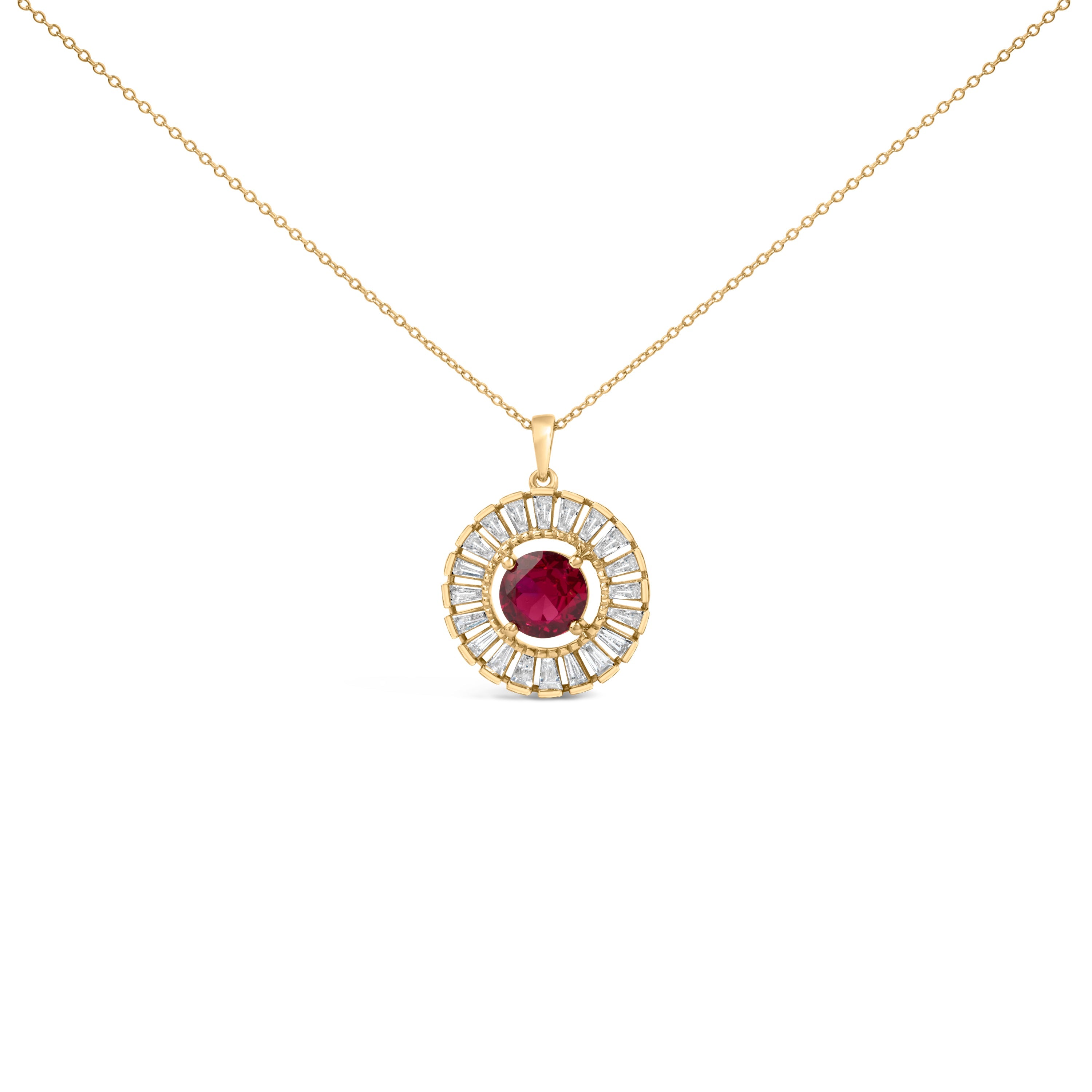 14K Yellow Gold Plated Sterling Silver Created Red Ruby and Diamond Medallion Pendant Necklace