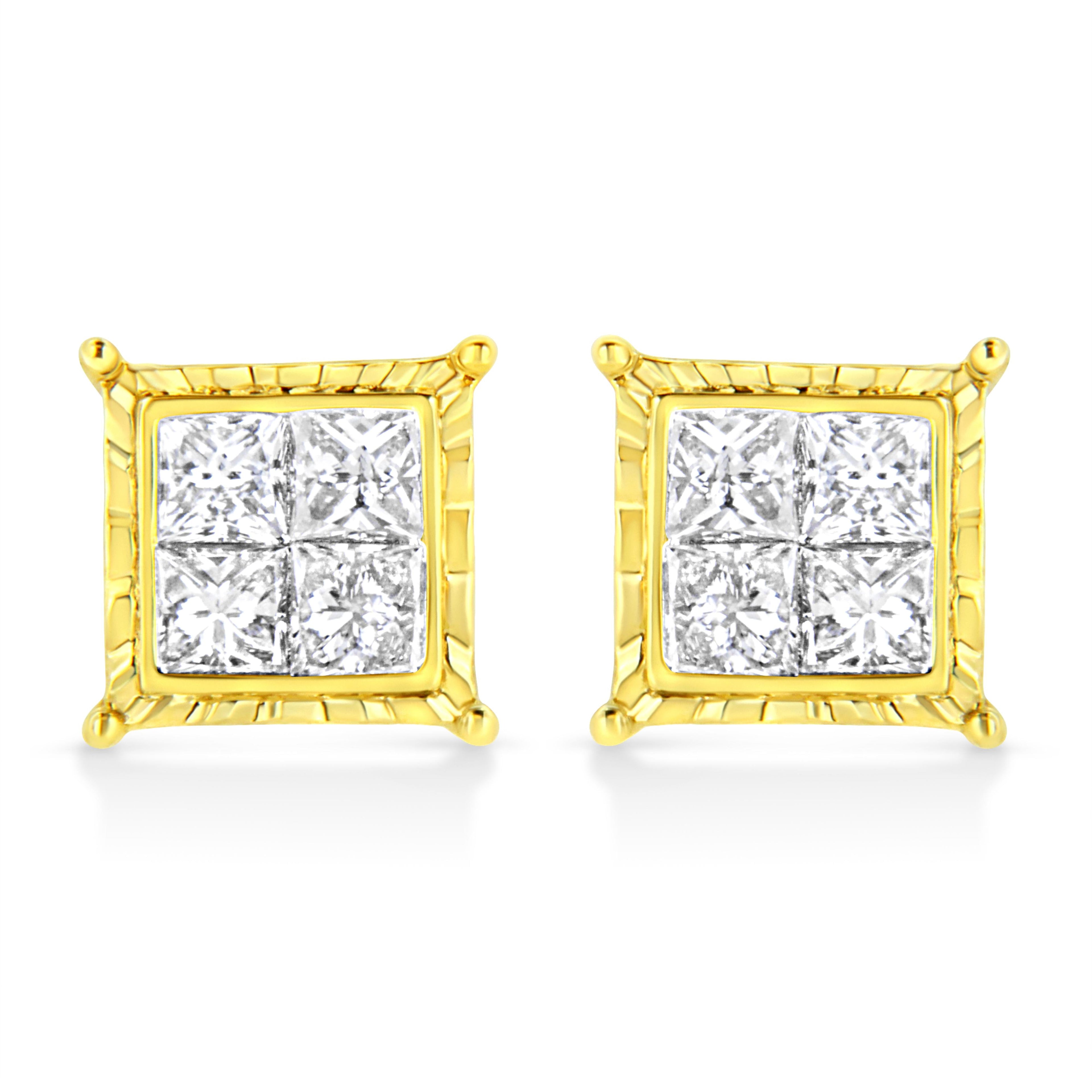 14K Yellow Gold 1.0 Cttw Invisible Set Princess-Cut Diamond Composite 8 Stone Stud Earrings (I-J Color, SI1-SI2 Clarity)