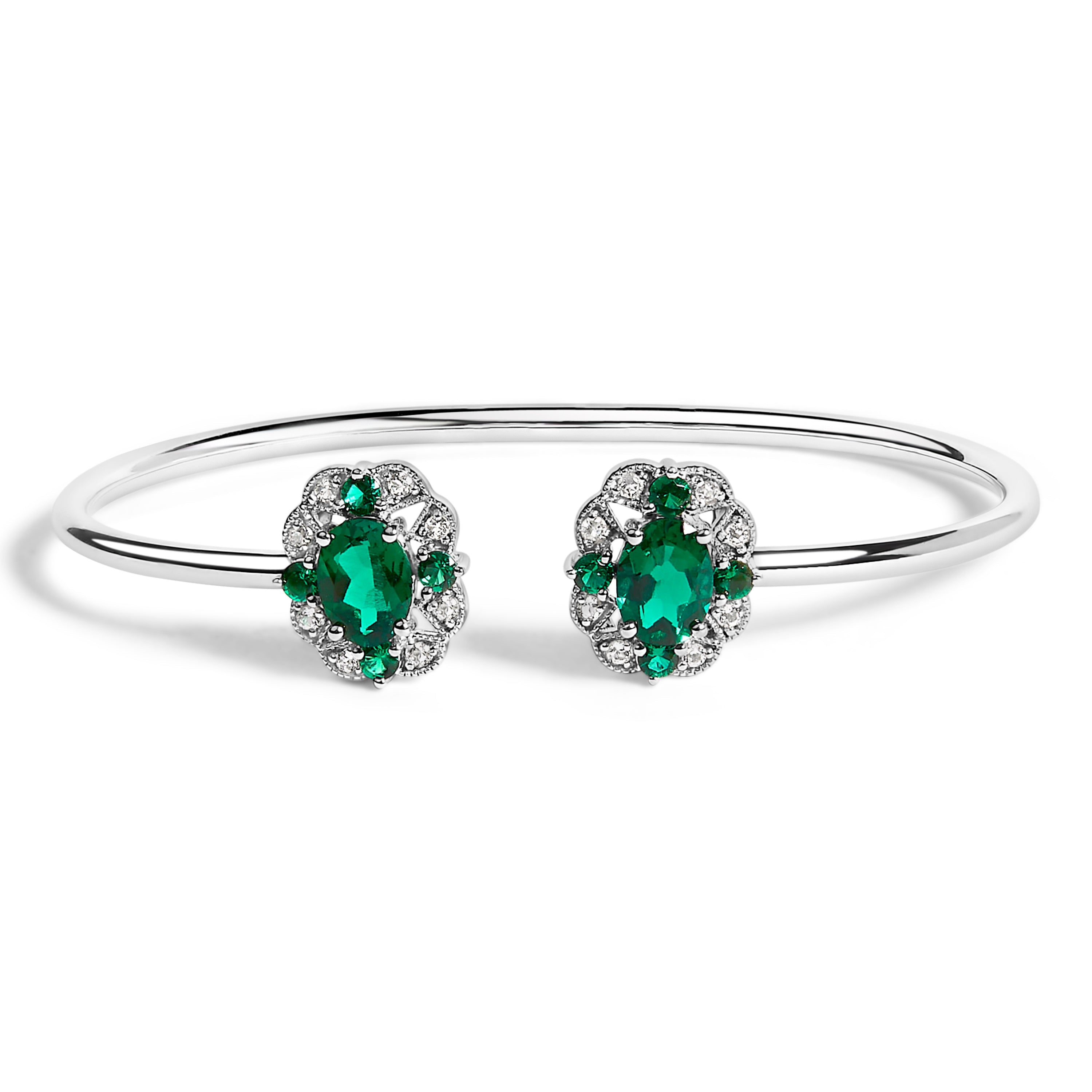 Sterling Silver White Topaz and Green Emerald Floral Bangle Bracelet 6.5 Inch