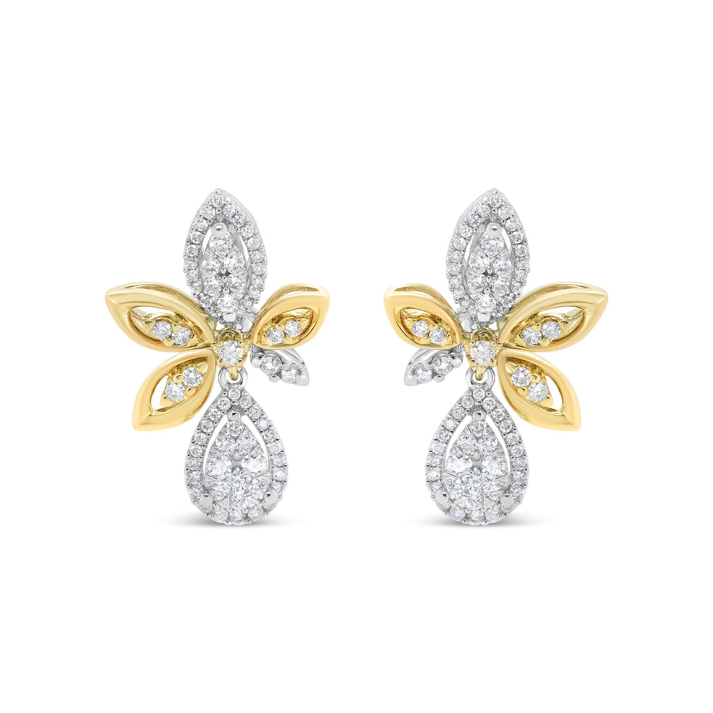 14K White and Yellow Gold 1.00 Cttw Round Pave-Set Diamond Teardrop and Marquise Shape Drop Dangle Earrings (H-I Color, SI1-SI2 Clarity)