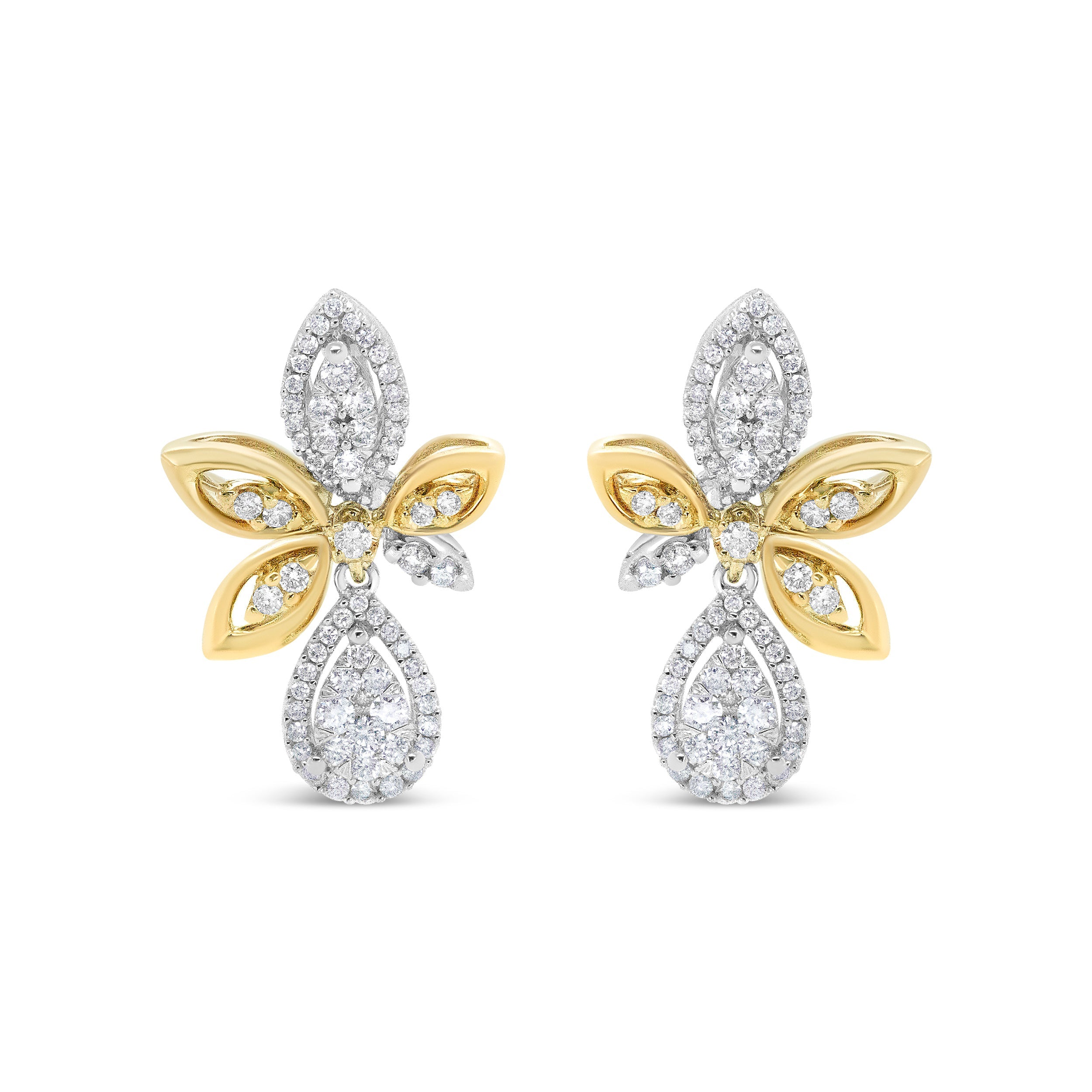 14K White and Yellow Gold 1.00 Cttw Round Pave-Set Diamond Teardrop and Marquise Shape Drop Dangle Earrings (H-I Color, SI1-SI2 Clarity)