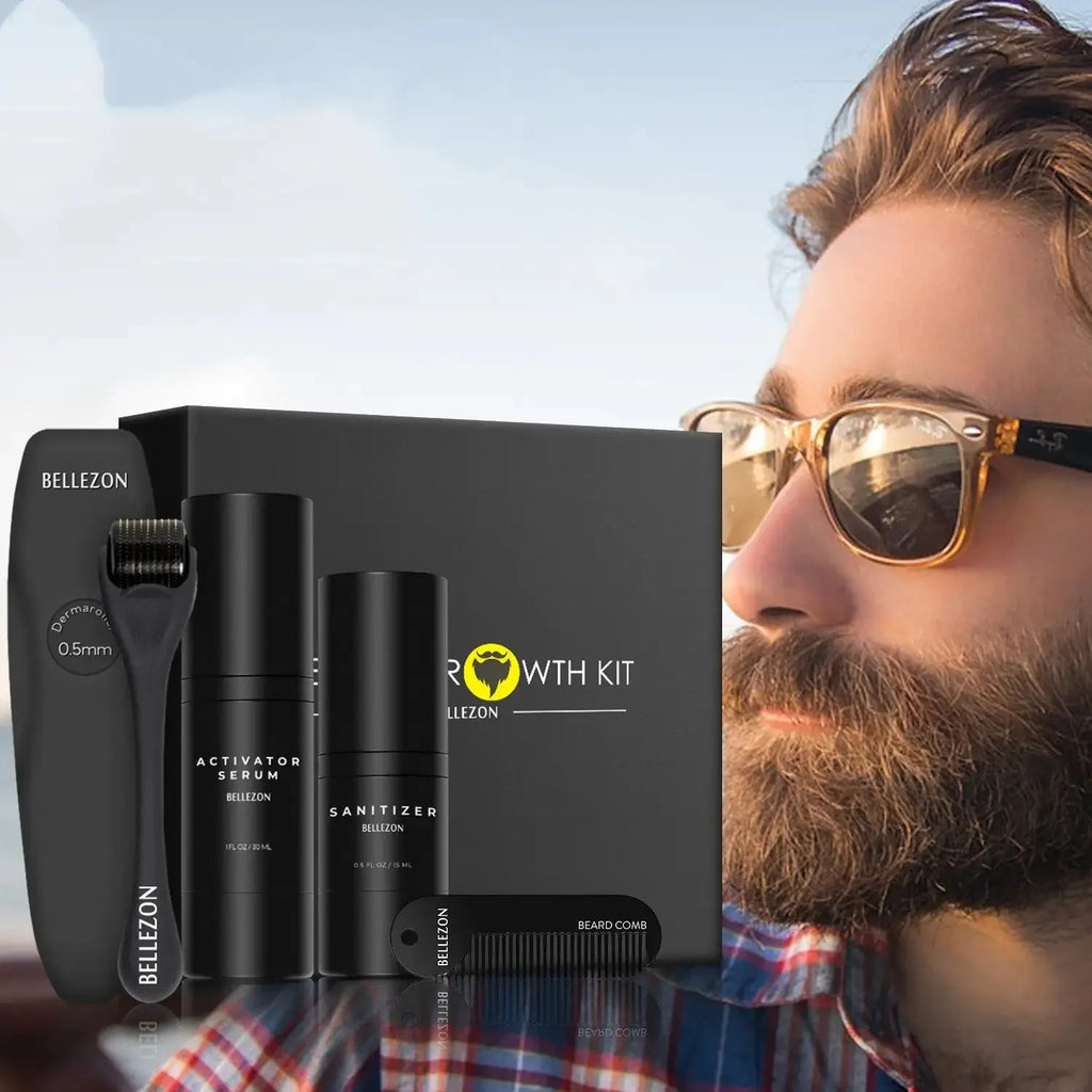 Beard Growth Liquid & Care Set - Micro-Needle Roller for a Fuller Beard