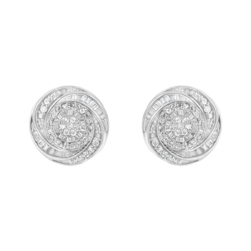 .925 Sterling Silver 1/4 Cttw Baguette and Round Diamond Swirl Love Knot Stud Earrings (I-J Color, I3 Clarity)