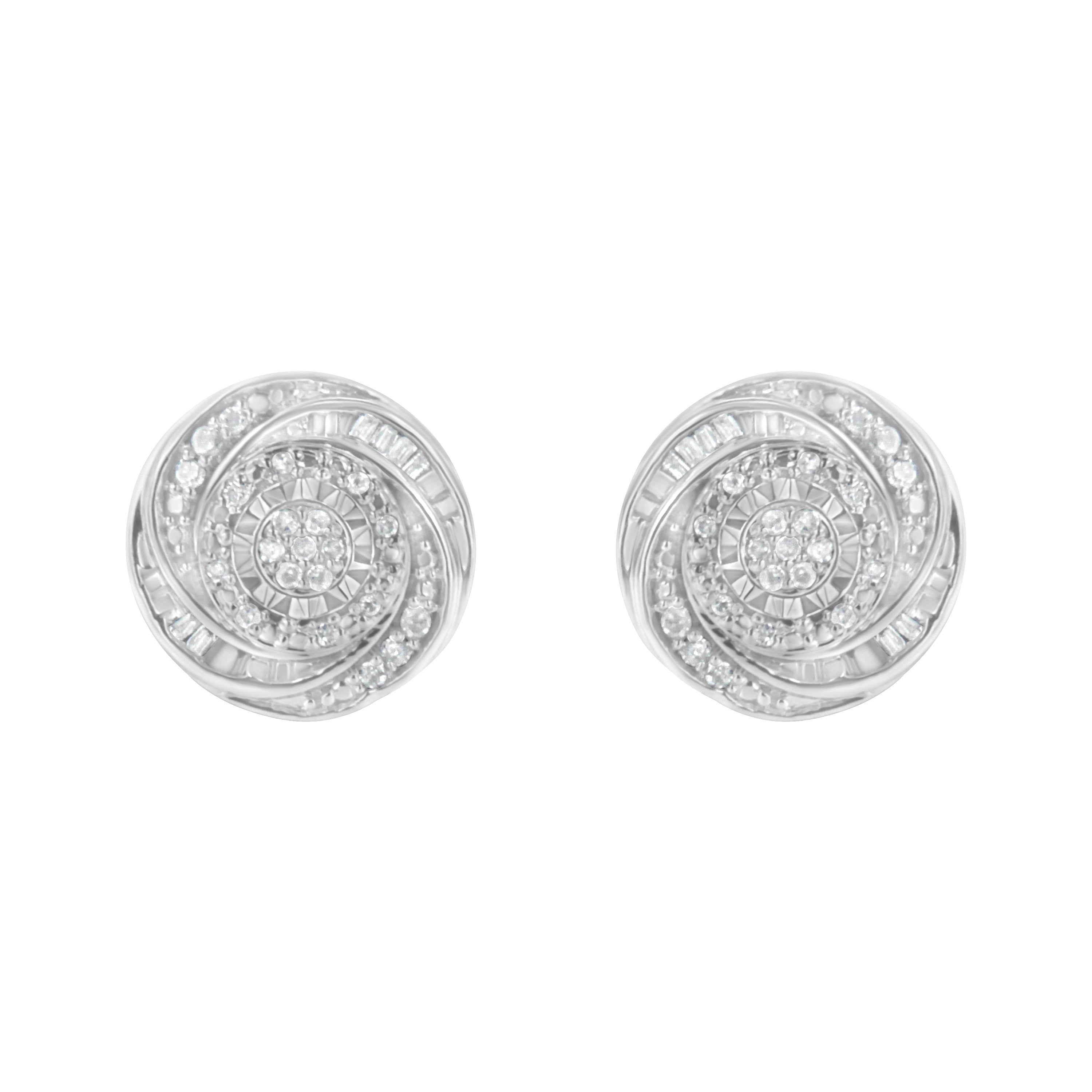 .925 Sterling Silver 1/4 Cttw Baguette and Round Diamond Swirl Love Knot Stud Earrings (I-J Color, I3 Clarity)