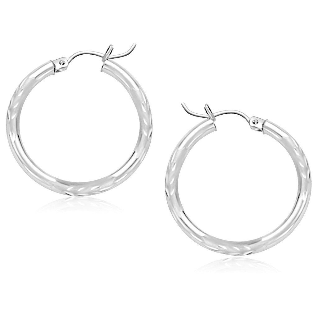 14k White Gold Diamond Cut Hoop Earrings (25 mm)