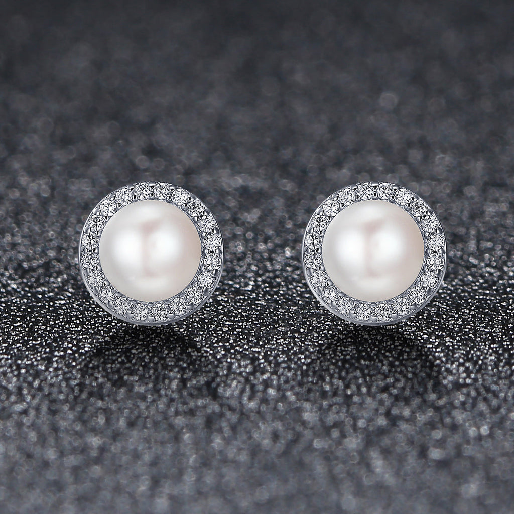 925 Sterling Silver Freshwater Pearl Earrings with CZ for Women
