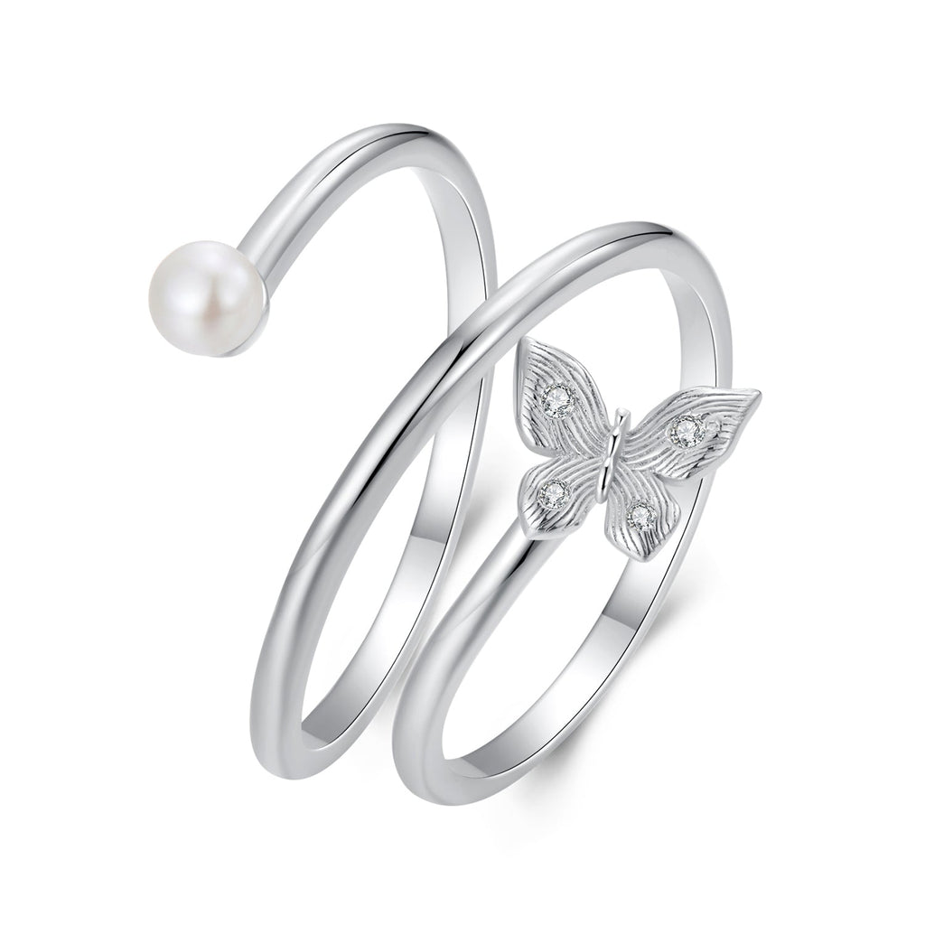 925 Sterling Silver & White Gold Plated Pave Setting CZ & Natural Pearl Ring for Women
