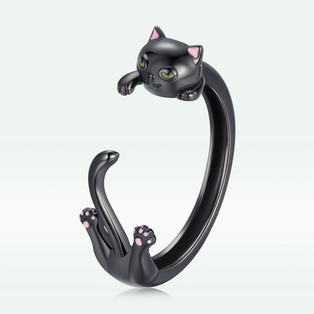 S925 Sterling Silver Plated Black Gold Cat-themed Ring for Women