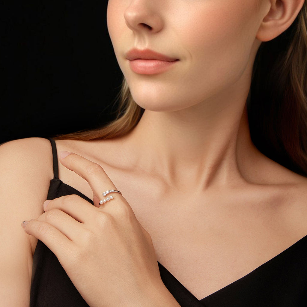 925 Sterling Silver Moissanite & Freshwater Pearl Ring, White Gold Plated, Size E for Women