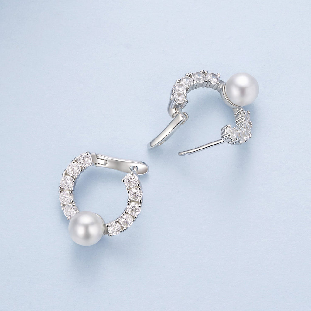 925 Sterling Silver White Gold Plated 1.6cm Hoop Earrings with Synthetic Pearl for Women