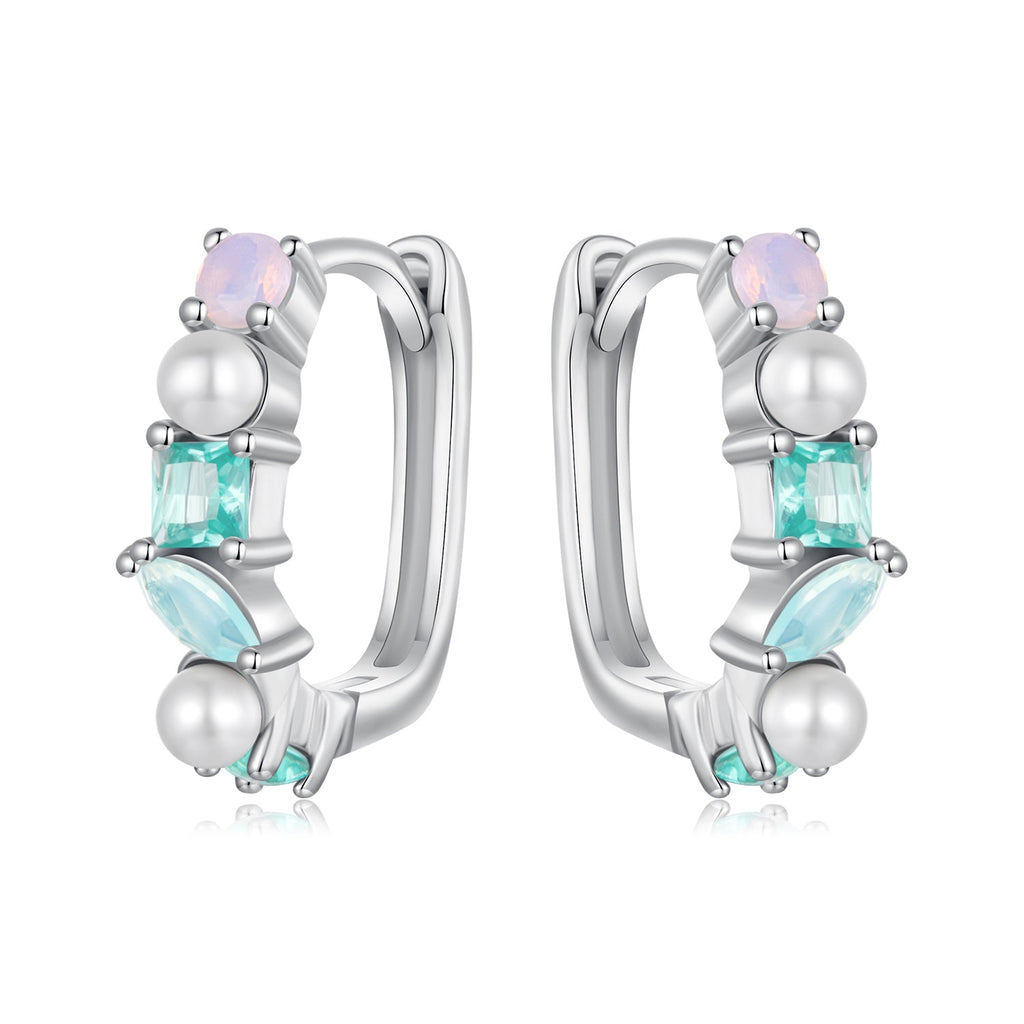 925 Sterling Silver Earrings with Nano Opal, Shell Pearl and Glass, 1.4cm for Women