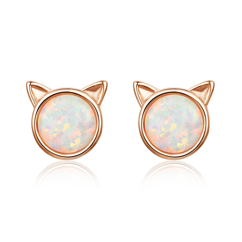 925 Sterling Silver Plated Rose Gold Opal Earrings 0.8cm for Women