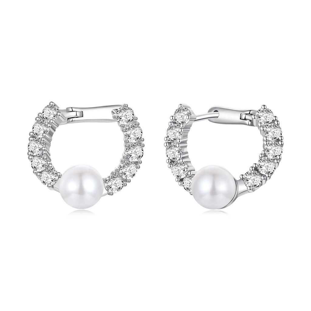 925 Sterling Silver White Gold Plated 1.6cm Hoop Earrings with Synthetic Pearl for Women