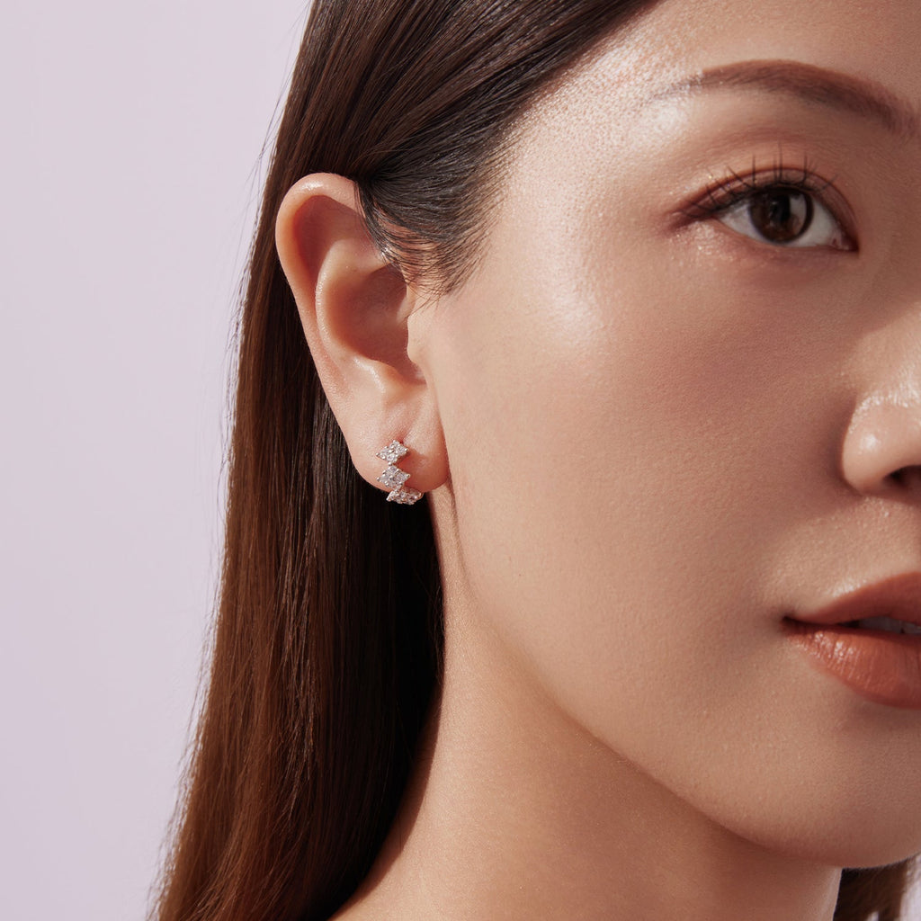 925 Sterling Silver Earrings with Pavé Setting CZ - 1.2*0.65cm, White Gold Plated for Women