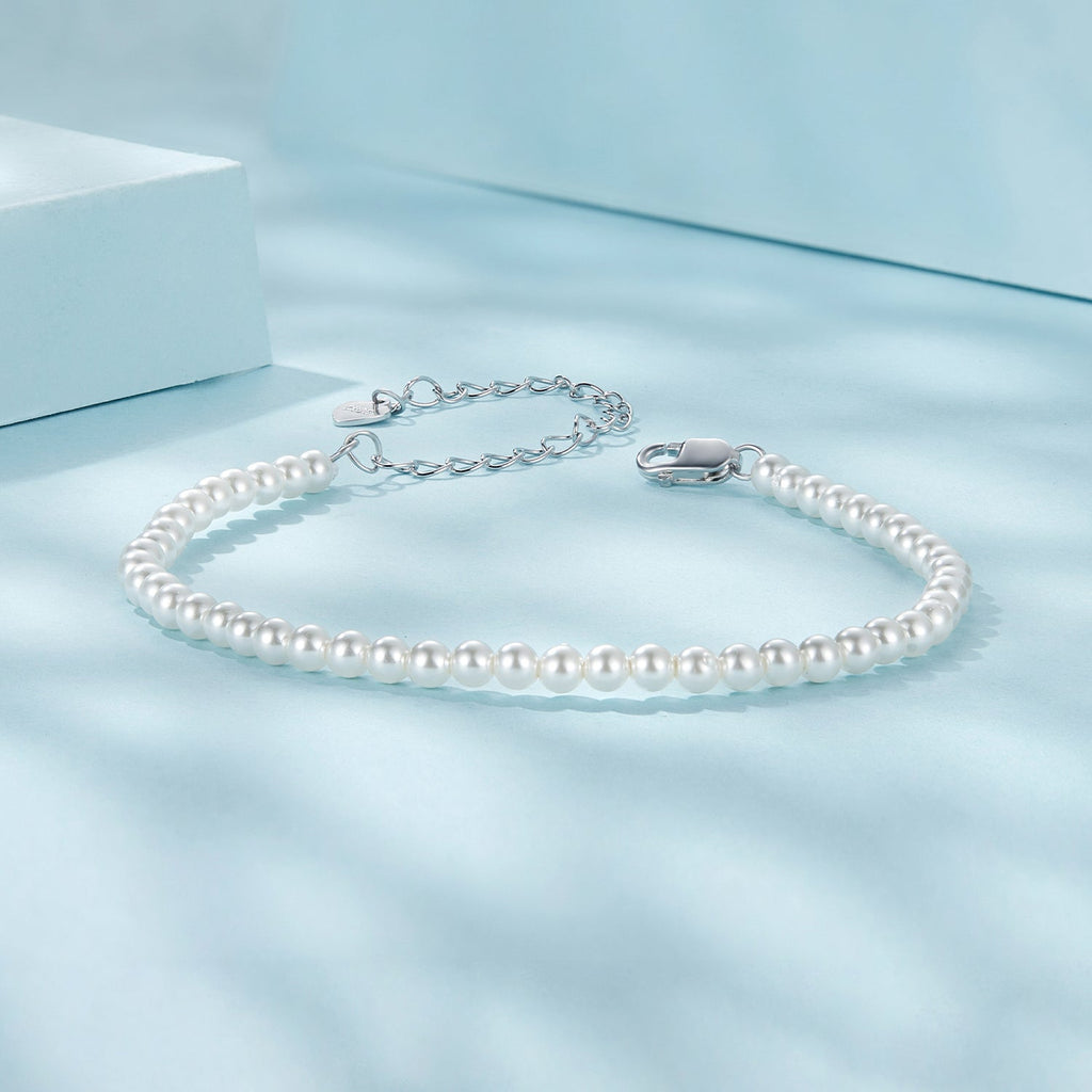 925 Sterling Silver White Gold Plated Shell Pearl Bracelet 16+6cm for Women