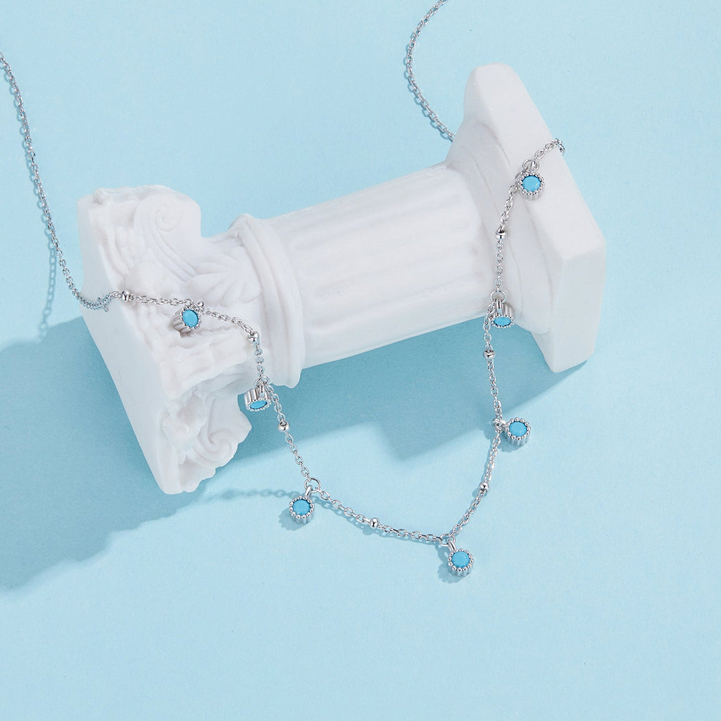 925 Sterling Silver Necklace with Synthetic Turquoise in White Gold, Adjustable 450mm for Women