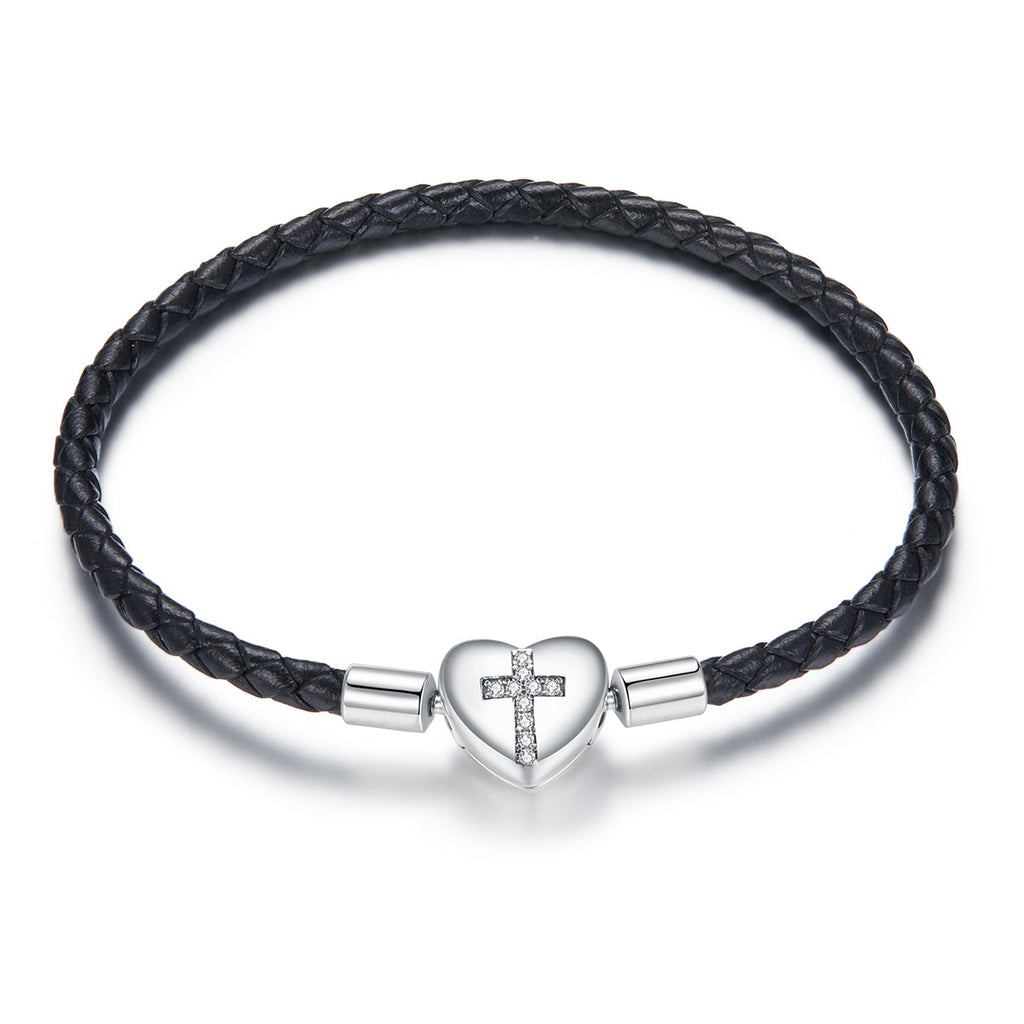 925 Sterling Silver Leather 17cm Bracelet with Oxidized CZ for Women