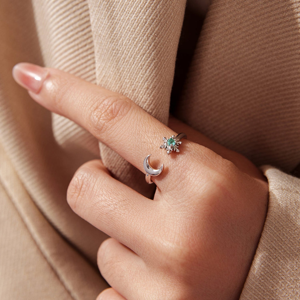925 Sterling Silver Ring with Glass Snowflakes and Moon for Women