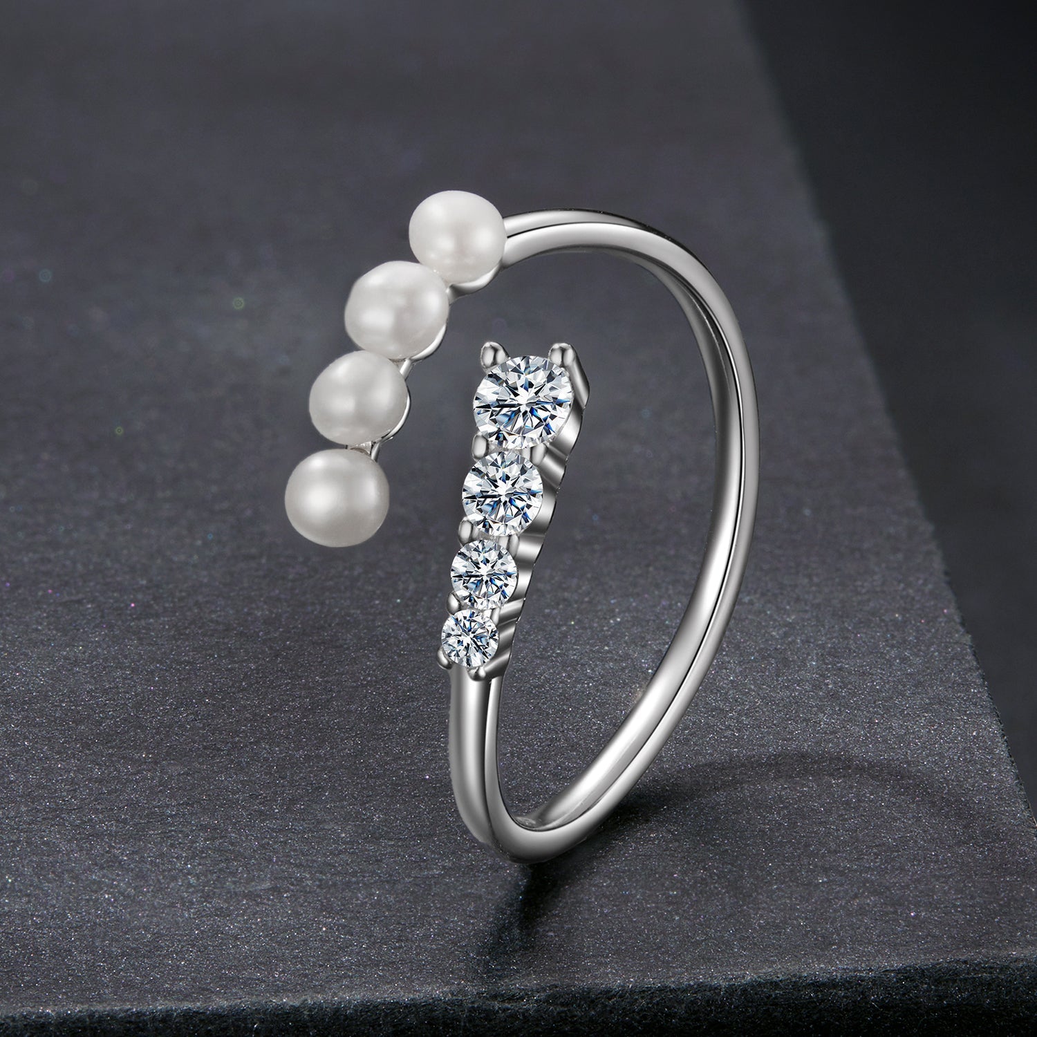 925 Sterling Silver Moissanite & Freshwater Pearl Ring, White Gold Plated, Size E for Women