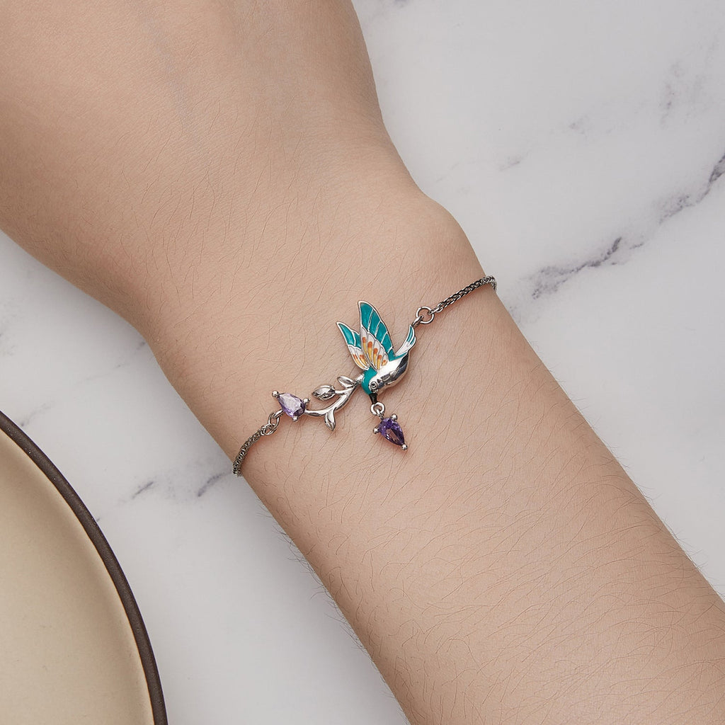 925 Sterling Silver Enamel Plated Platinum Bracelet with CZ, Adjustable Length for Women
