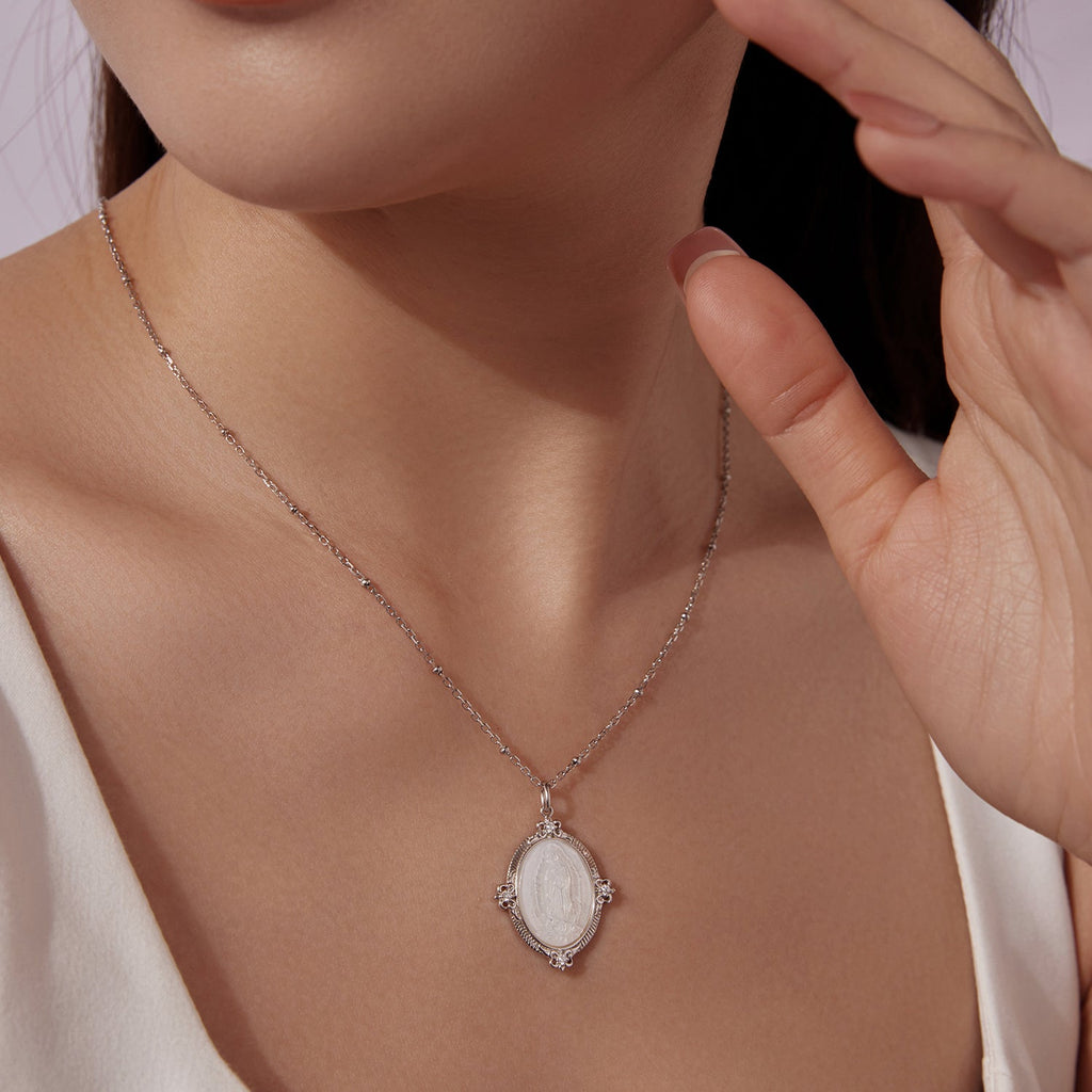 925 Sterling Silver Necklace with White Gold Plating, 40+5cm Length, CZ & Mother of Pearl Pendant for Women