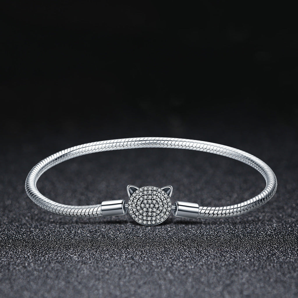 925 Sterling Silver Bracelet with Cat Head Charm, 17cm for Women