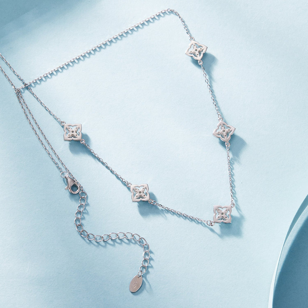 925 Sterling Silver + Moissanite Necklace with Plated White Gold - 40+5cm Length for Women