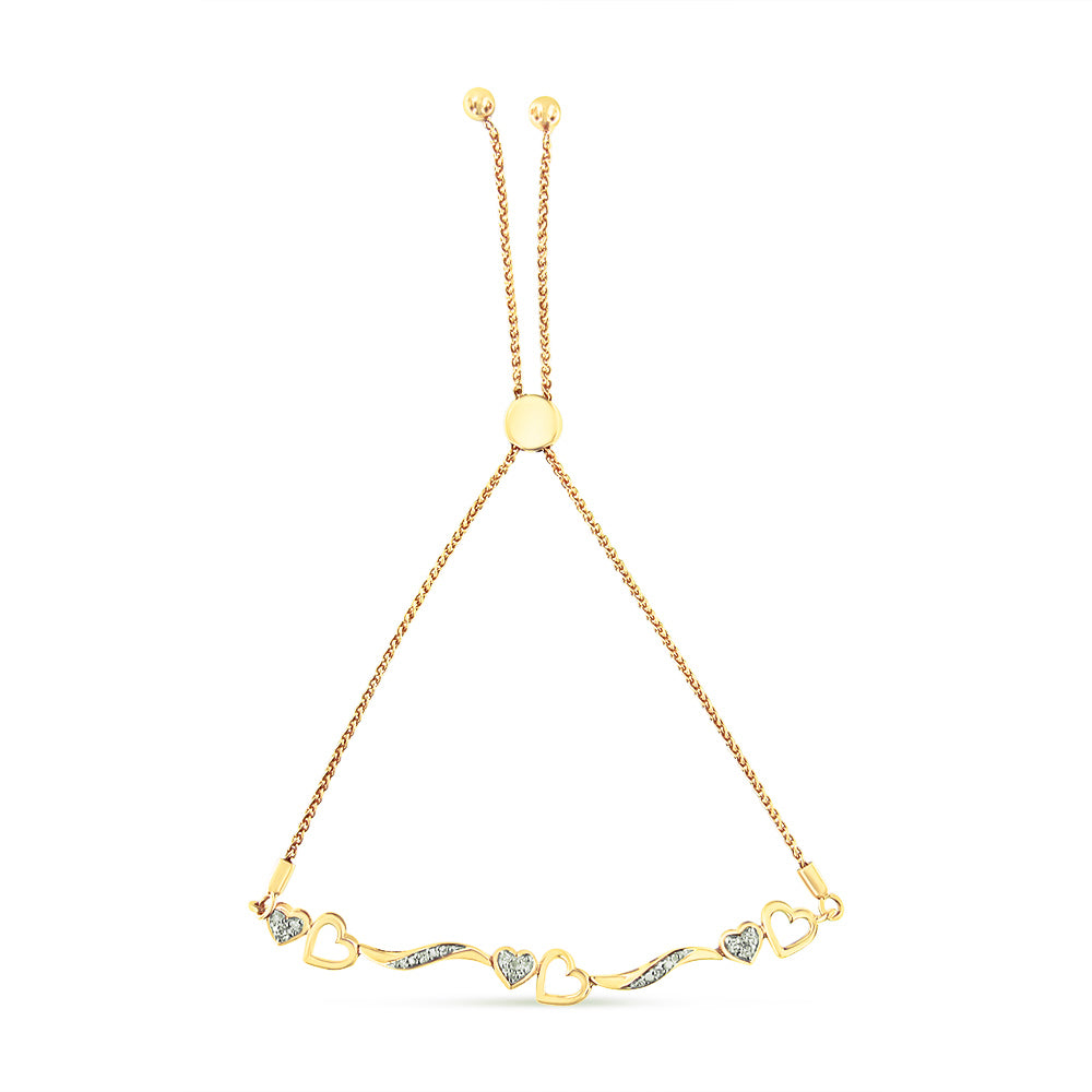 14K Yellow Gold Plated .925 Sterling Silver Diamond Accent Heart and Wave Link Bolo Bracelet (I-J Color, I2-I3 Clarity) - 6" to 9" Adjustable