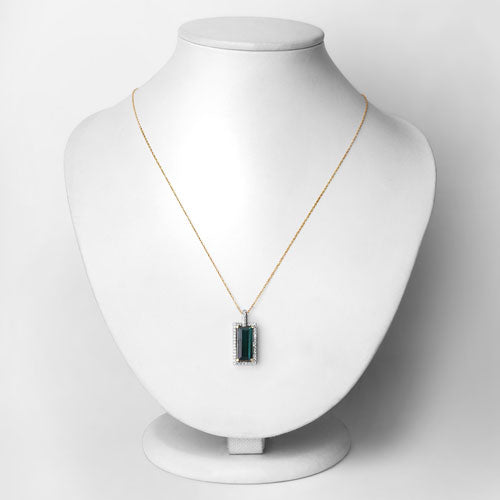 4.28 Carat Genuine Green Tourmaline and White Diamond 14K Yellow Gold Pendant