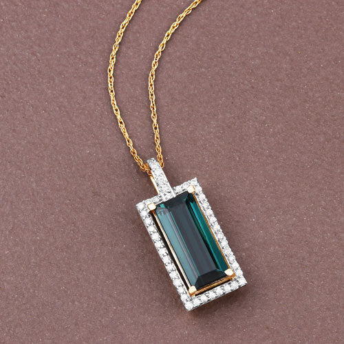 4.28 Carat Genuine Green Tourmaline and White Diamond 14K Yellow Gold Pendant