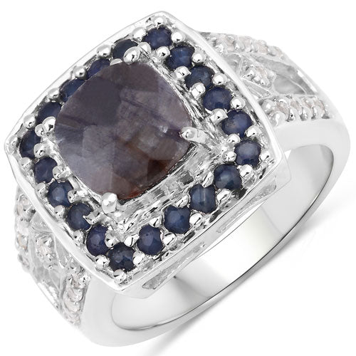 "3.58 Carat Genuine Labradorite, Blue Sapphire and White Topaz .925 Sterling Silver Ring