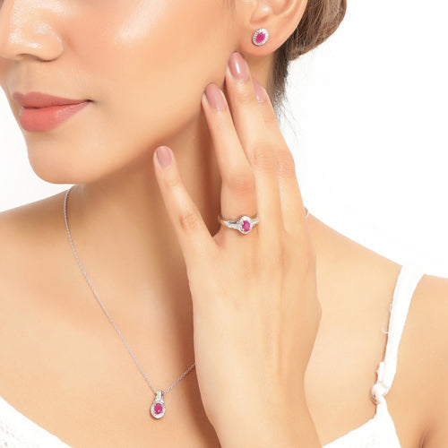2.46 Carat Genuine Ruby and White Topaz .925 Sterling Silver 3 Piece Jewelry Set (Ring, Earrings, and Pendant w/ Chain)