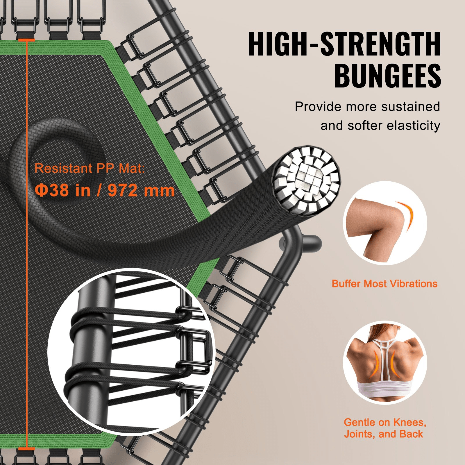 VEVOR Mini Fitness Trampoline for Adults, 54.5" Rebounder with Adjustable Handle, Quiet Bungee, 450 lb Capacity
