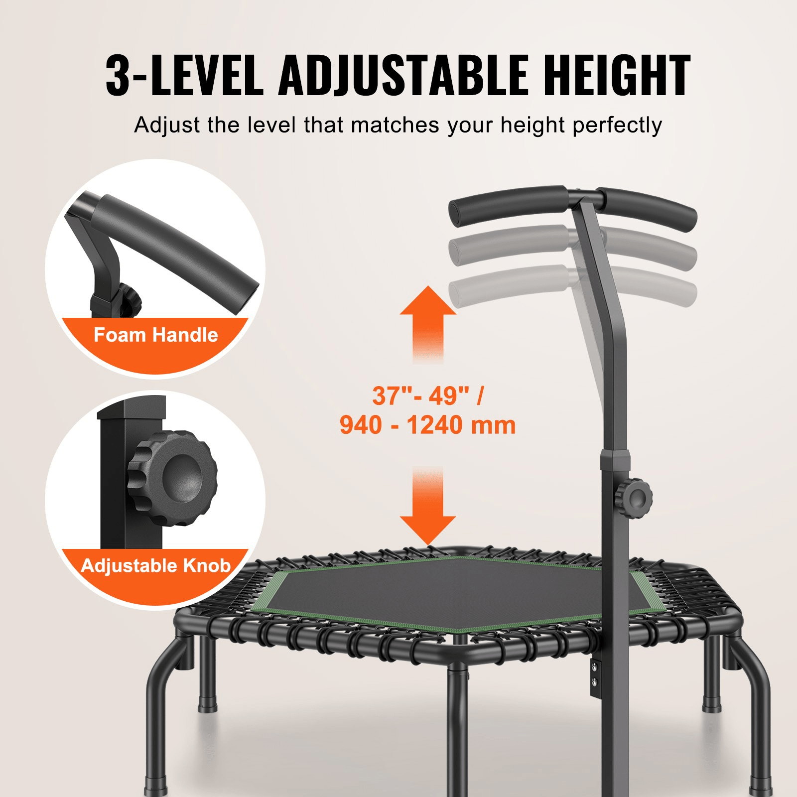 VEVOR Mini Fitness Trampoline for Adults, 54.5" Rebounder with Adjustable Handle, Quiet Bungee, 450 lb Capacity
