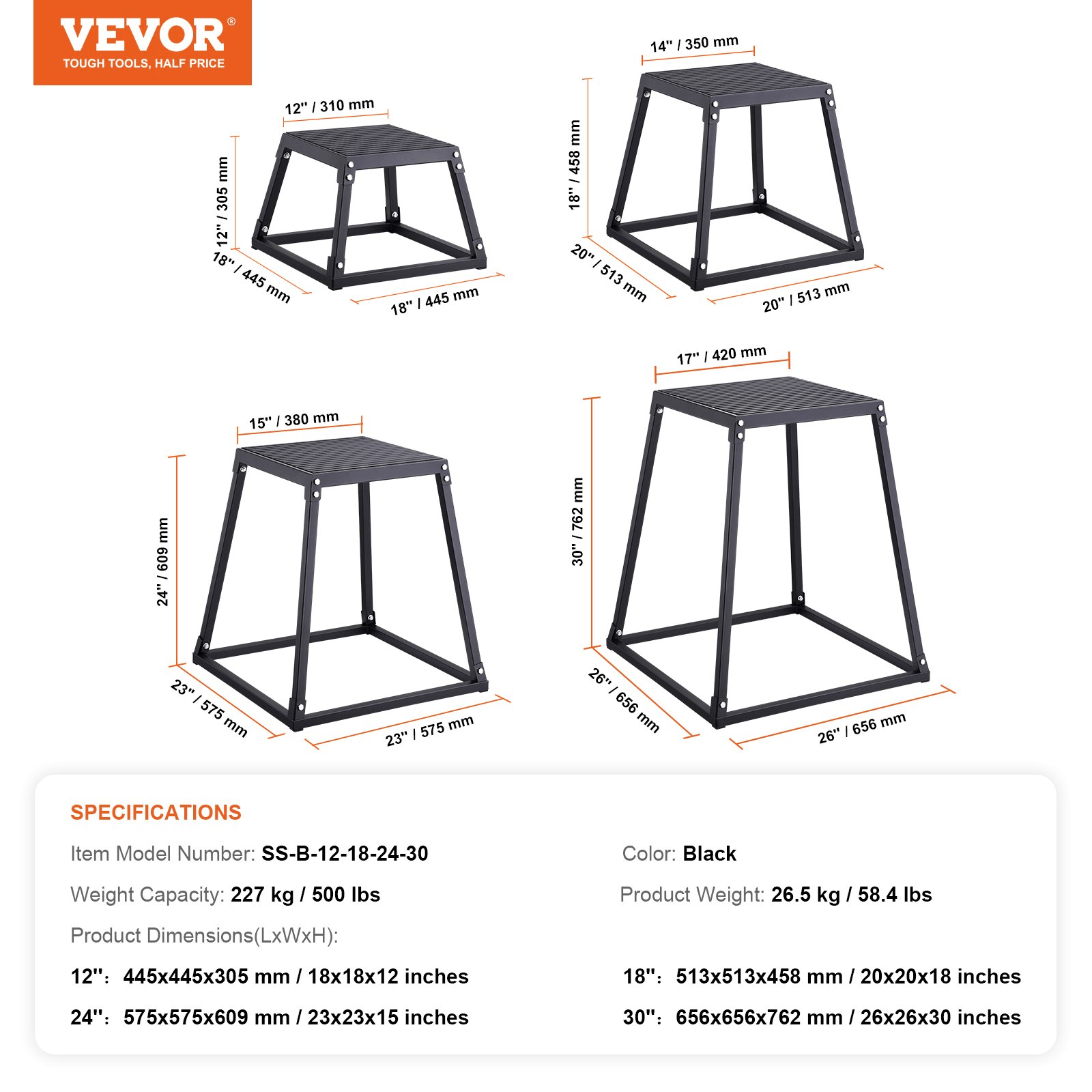 VEVOR Plyometric Jump Box Set, 12 18 24 30 Inch, Anti-Slip Steel Plyo Boxes for Home Gym Agility and Strength Training, 500 lb Capacity, Black